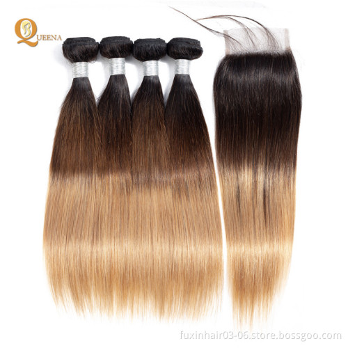 3 Tone Color Ombre Hair 1b/4/27 Closure With Human Hair Weave Bundles Ombre Hair Extensions